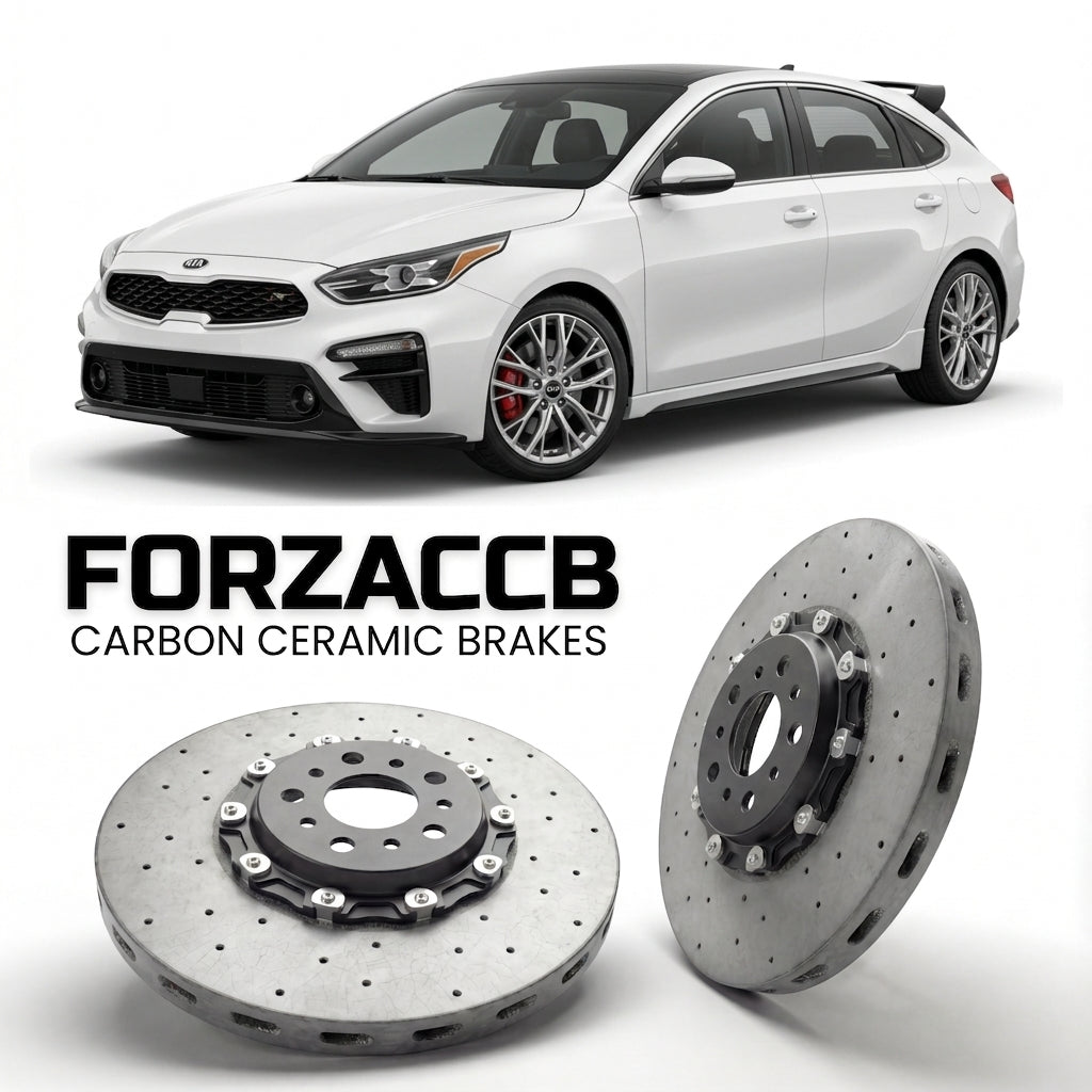 ForzaCCB direct OEM replacement carbon ceramic brake rotors for 2018 to 2021 Kia K3 Hatchback II models, shown with a white Kia K3 car.