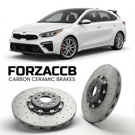 ForzaCCB direct OEM replacement carbon ceramic brake rotors for 2018 to 2021 Kia K3 Hatchback II models, shown with a white Kia K3 car.