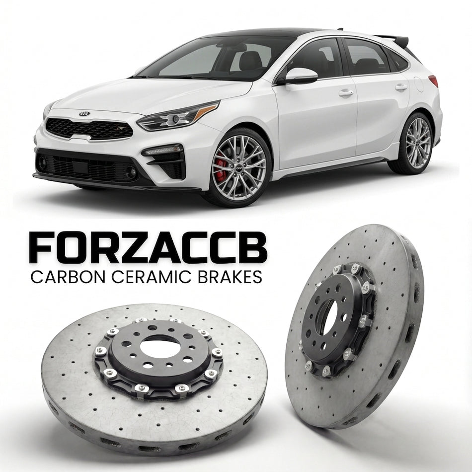 ForzaCCB direct OEM replacement carbon ceramic brake rotors for 2018 to 2021 Kia K3 Hatchback II models, shown with a white Kia K3 car.