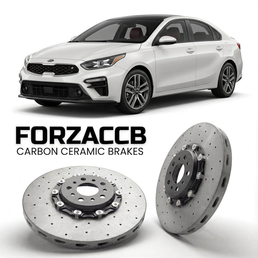 ForzaCCB direct OEM replacement carbon ceramic brake rotors for 2018 to 2021 Kia K3 Sedan II models, shown with a white Kia K3 car.