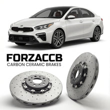 ForzaCCB direct OEM replacement carbon ceramic brake rotors for 2018 to 2021 Kia K3 Sedan II models, shown with a white Kia K3 car.