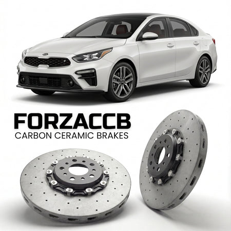 ForzaCCB direct OEM replacement carbon ceramic brake rotors for 2018 to 2021 Kia K3 Sedan II models, shown with a white Kia K3 car.