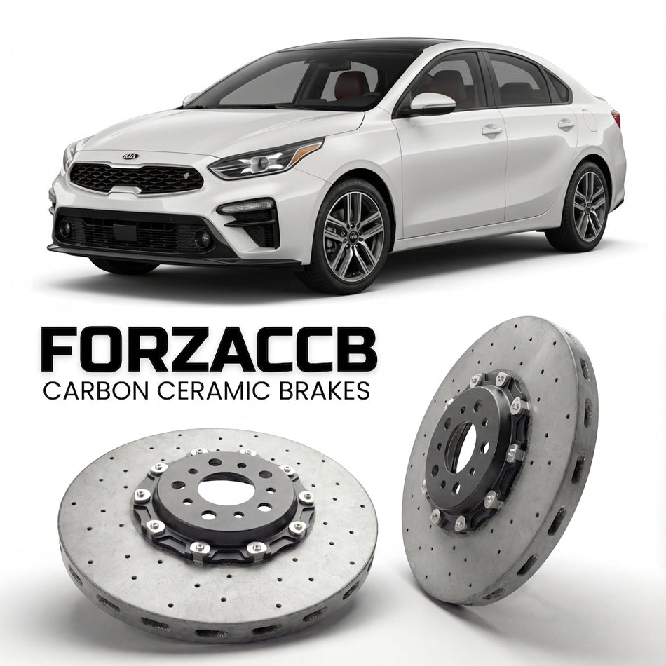 ForzaCCB direct OEM replacement carbon ceramic brake rotors for 2018 to 2021 Kia K3 Sedan II models, shown with a white Kia K3 car.