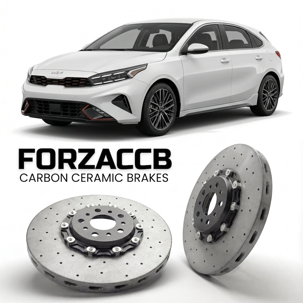 ForzaCCB direct OEM replacement carbon ceramic brake rotors for 2021-2023) Kia K3 Hatchback II (facelift 2021 models, shown with a white Kia K3 car.