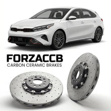 ForzaCCB direct OEM replacement carbon ceramic brake rotors for 2021-2023) Kia K3 Hatchback II (facelift 2021 models, shown with a white Kia K3 car.