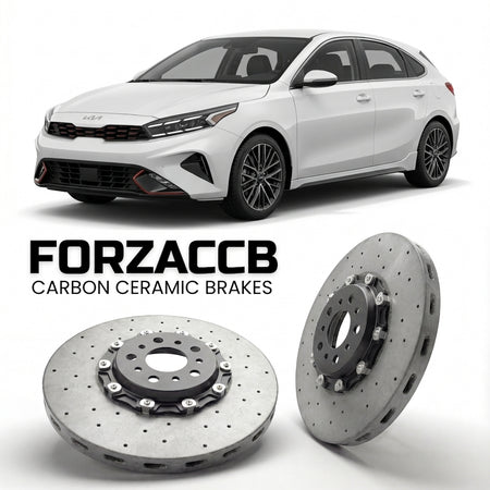 ForzaCCB direct OEM replacement carbon ceramic brake rotors for 2021-2023) Kia K3 Hatchback II (facelift 2021 models, shown with a white Kia K3 car.