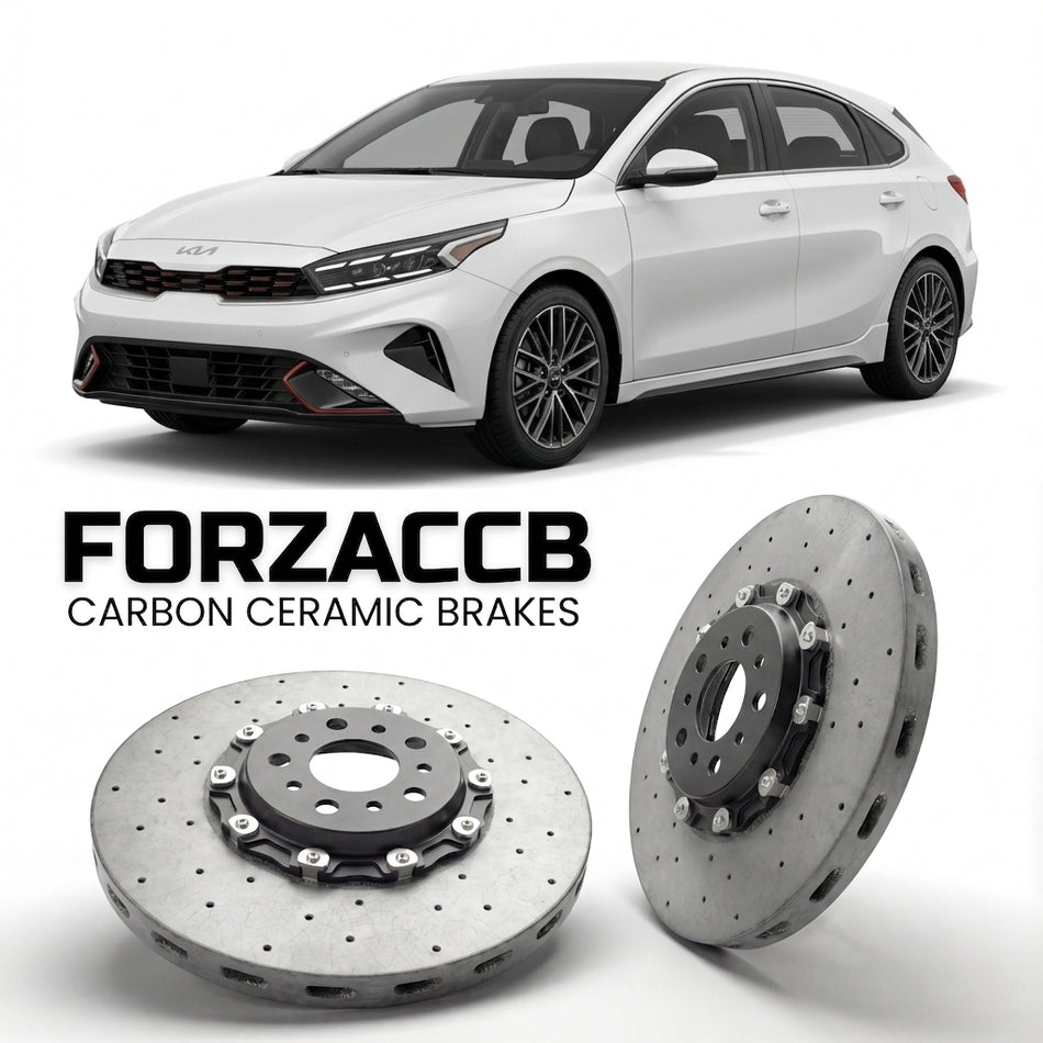 ForzaCCB direct OEM replacement carbon ceramic brake rotors for 2021-2023) Kia K3 Hatchback II (facelift 2021 models, shown with a white Kia K3 car.