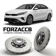 ForzaCCB direct OEM replacement carbon ceramic brake rotors for 2021-2023) Kia K3 Sedan II (facelift 2021 models, shown with a white Kia K3 car.