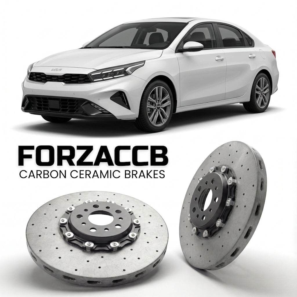 ForzaCCB direct OEM replacement carbon ceramic brake rotors for 2021-2023) Kia K3 Sedan II (facelift 2021 models, shown with a white Kia K3 car.