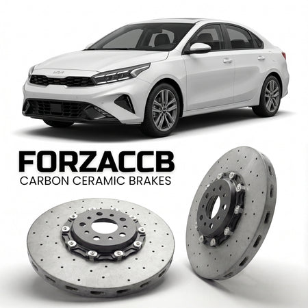 ForzaCCB direct OEM replacement carbon ceramic brake rotors for 2021-2023) Kia K3 Sedan II (facelift 2021 models, shown with a white Kia K3 car.