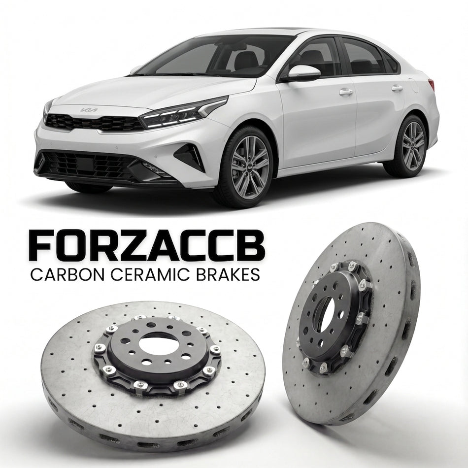 ForzaCCB direct OEM replacement carbon ceramic brake rotors for 2021-2023) Kia K3 Sedan II (facelift 2021 models, shown with a white Kia K3 car.