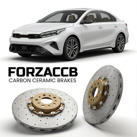 ForzaCCB direct OEM replacement carbon ceramic brake rotors for 2023+ Sedan) Kia K3 (BL7 models, shown with a white Kia K3 car.