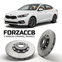 ForzaCCB direct OEM replacement carbon ceramic brake rotors for 2014 to 2018 Kia K4 models, shown with a white Kia K4 car.
