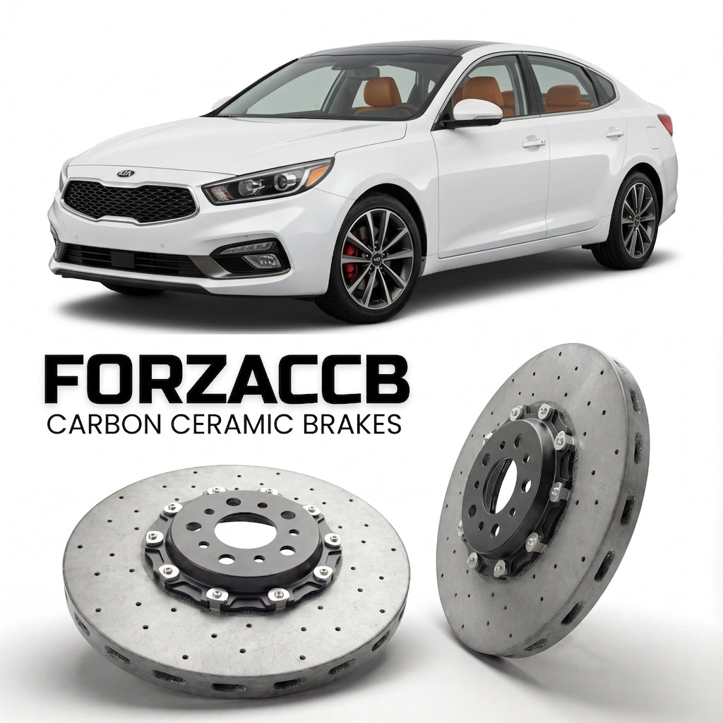 ForzaCCB direct OEM replacement carbon ceramic brake rotors for 2014 to 2018 Kia K4 models, shown with a white Kia K4 car.