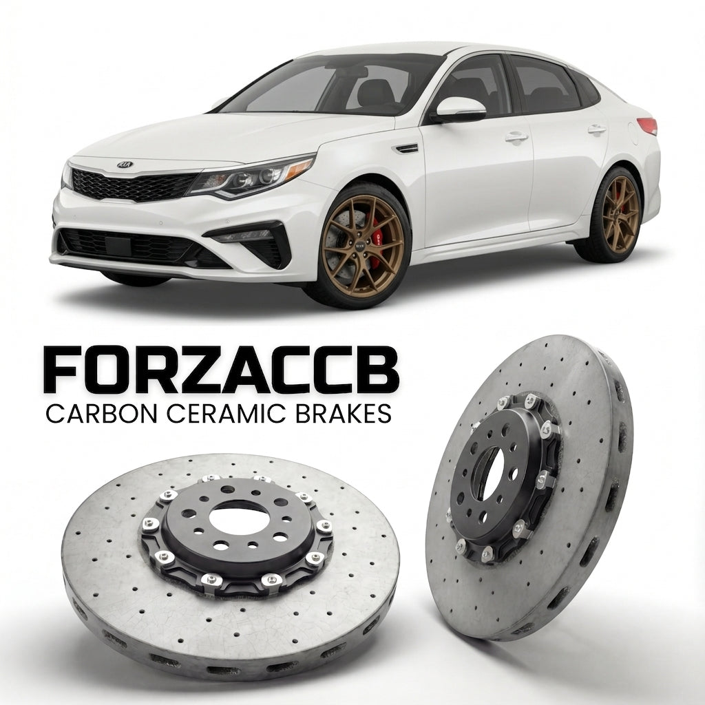 ForzaCCB direct OEM replacement carbon ceramic brake rotors for 2018 to 2020 Kia K4 facelift 2018 models, shown with a white Kia K4 car.