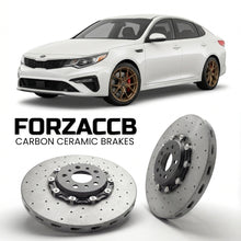 ForzaCCB direct OEM replacement carbon ceramic brake rotors for 2018 to 2020 Kia K4 facelift 2018 models, shown with a white Kia K4 car.