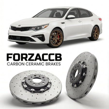 ForzaCCB direct OEM replacement carbon ceramic brake rotors for 2018 to 2020 Kia K4 facelift 2018 models, shown with a white Kia K4 car.