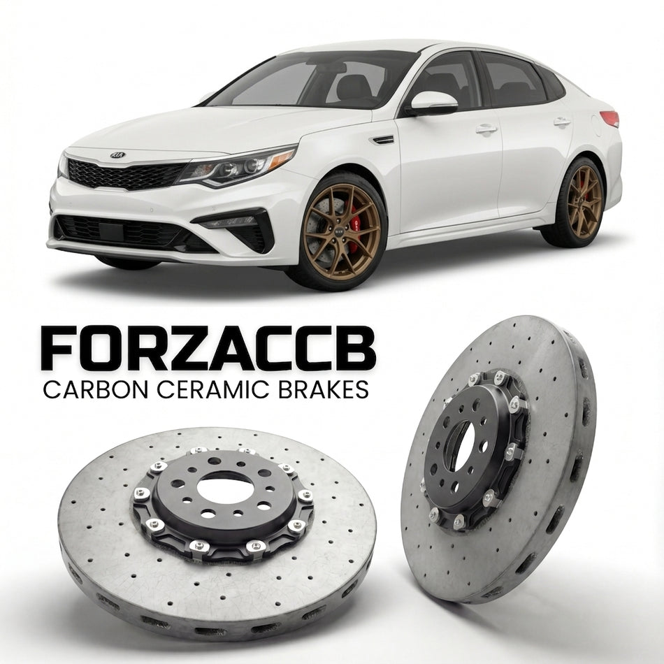ForzaCCB direct OEM replacement carbon ceramic brake rotors for 2018 to 2020 Kia K4 facelift 2018 models, shown with a white Kia K4 car.