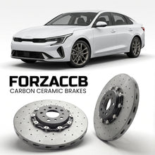 ForzaCCB direct OEM replacement carbon ceramic brake rotors for 2024 and newer Kia K4 2025 models, shown with a white Kia K4 car.