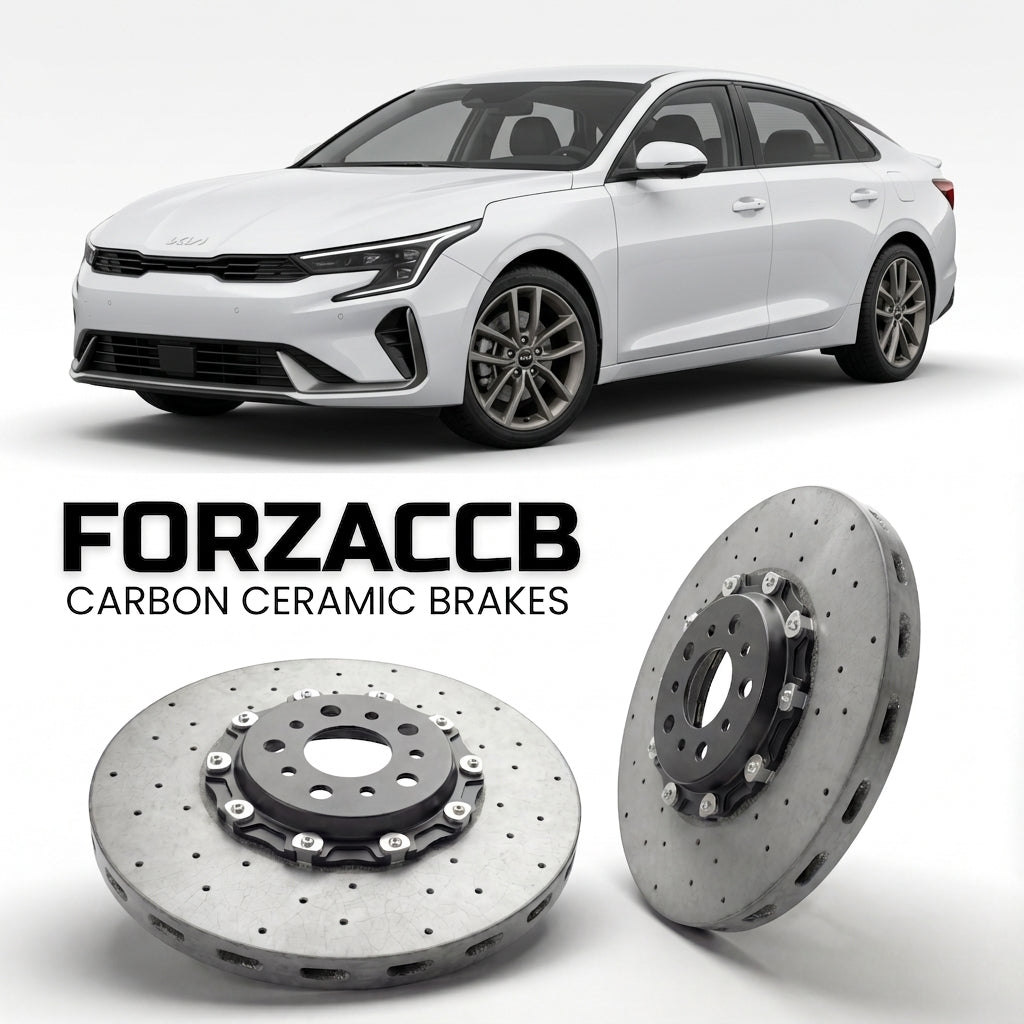 ForzaCCB direct OEM replacement carbon ceramic brake rotors for 2024 and newer Kia K4 2025 models, shown with a white Kia K4 car.