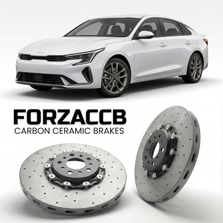 ForzaCCB direct OEM replacement carbon ceramic brake rotors for 2024 and newer Kia K4 2025 models, shown with a white Kia K4 car.
