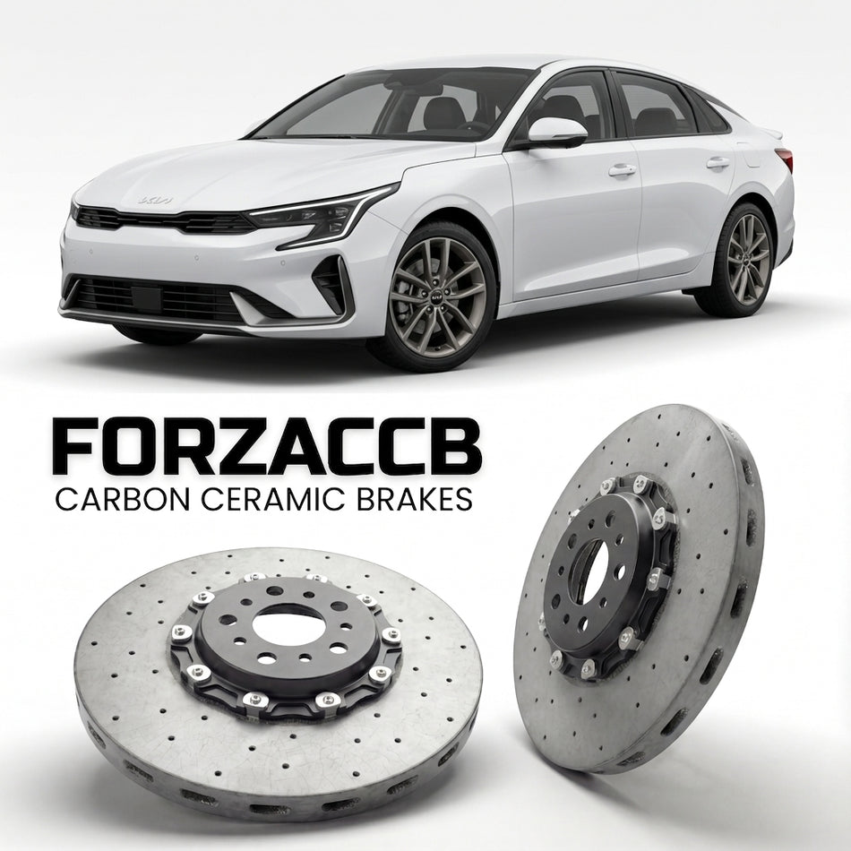 ForzaCCB direct OEM replacement carbon ceramic brake rotors for 2024 and newer Kia K4 2025 models, shown with a white Kia K4 car.