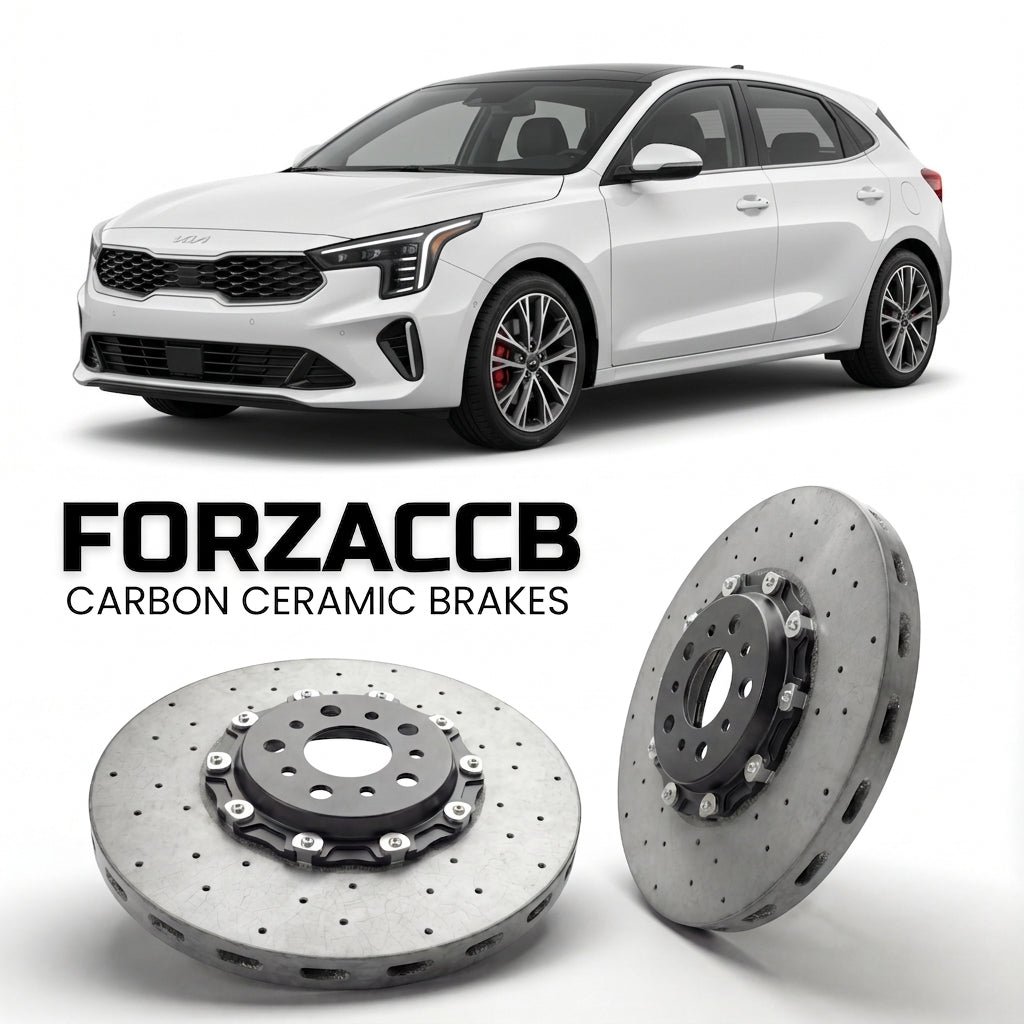ForzaCCB direct OEM replacement carbon ceramic brake rotors for 2025+) Kia K4 Hatch (2025 models, shown with a white Kia K4 car.