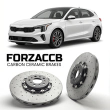 ForzaCCB direct OEM replacement carbon ceramic brake rotors for 2025+) Kia K4 Hatch (2025 models, shown with a white Kia K4 car.