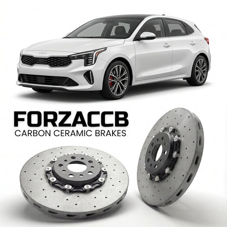 ForzaCCB direct OEM replacement carbon ceramic brake rotors for 2025+) Kia K4 Hatch (2025 models, shown with a white Kia K4 car.