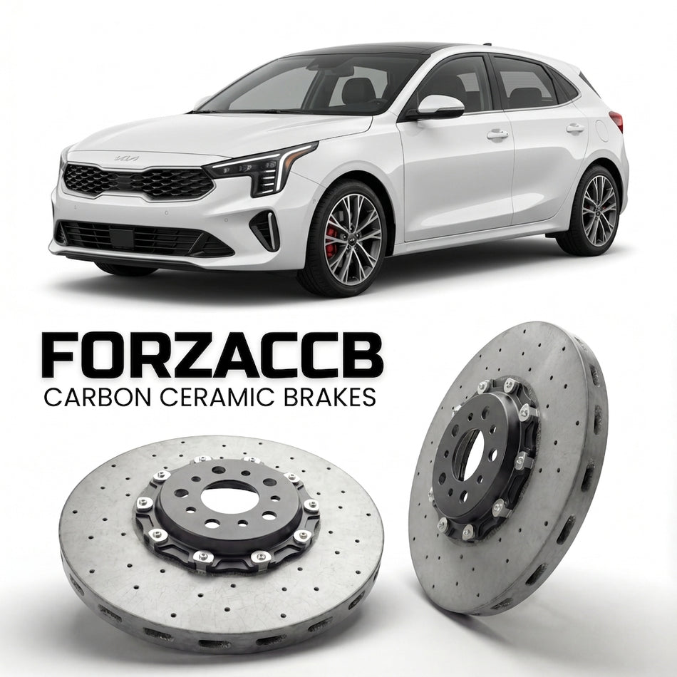 ForzaCCB direct OEM replacement carbon ceramic brake rotors for 2025+) Kia K4 Hatch (2025 models, shown with a white Kia K4 car.