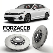 ForzaCCB direct OEM replacement carbon ceramic brake rotors for 2020 to 2024 Kia K5 models, shown with a white Kia K5 car.