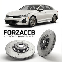 ForzaCCB direct OEM replacement carbon ceramic brake rotors for 2023 and newer Kia K5 facelift 2023 models, shown with a white Kia K5 car.