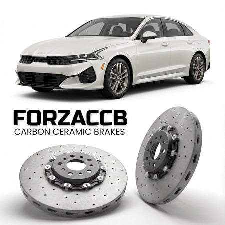 ForzaCCB direct OEM replacement carbon ceramic brake rotors for 2023 and newer Kia K5 facelift 2023 models, shown with a white Kia K5 car.