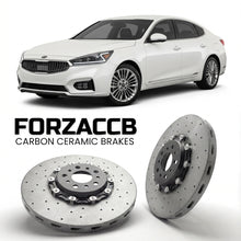 ForzaCCB direct OEM replacement carbon ceramic brake rotors for 2019 and newer Kia K7 Premier models, shown with a white Kia K7 car.