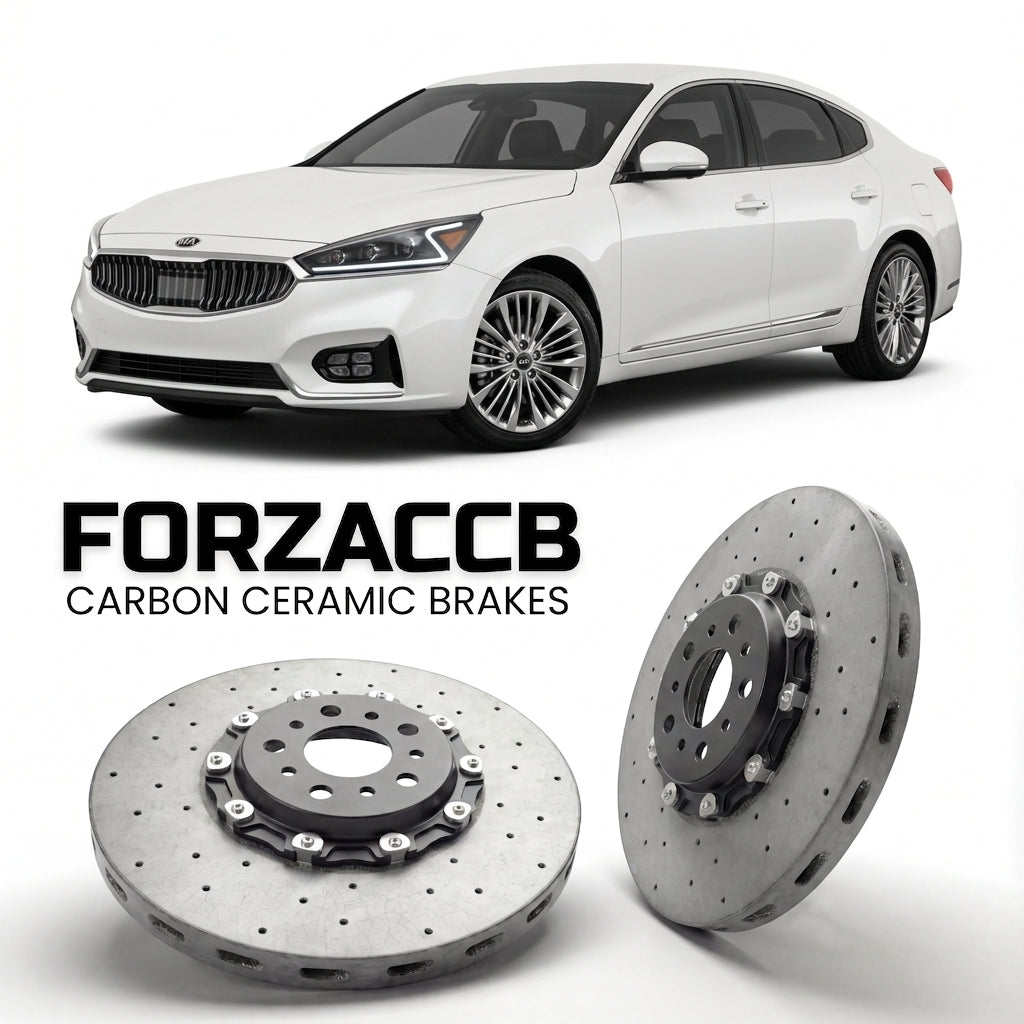 ForzaCCB direct OEM replacement carbon ceramic brake rotors for 2019 and newer Kia K7 Premier models, shown with a white Kia K7 car.