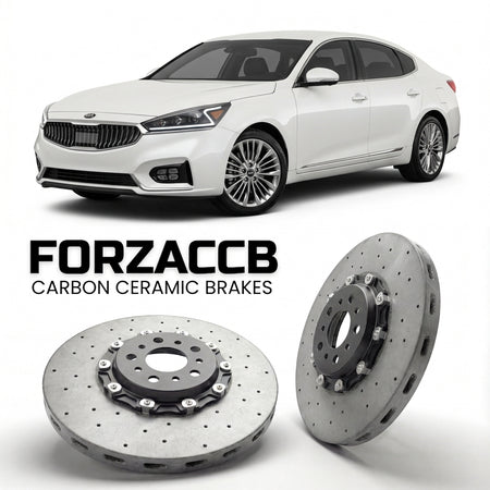 ForzaCCB direct OEM replacement carbon ceramic brake rotors for 2019 and newer Kia K7 Premier models, shown with a white Kia K7 car.