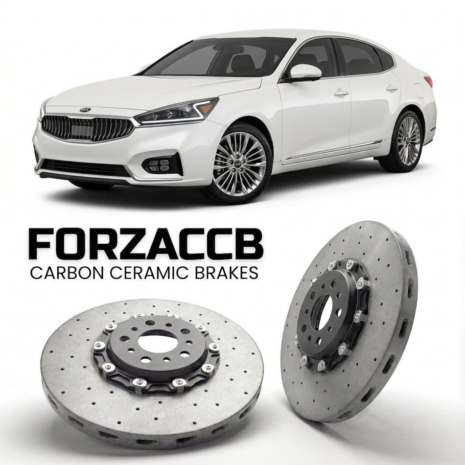 ForzaCCB direct OEM replacement carbon ceramic brake rotors for 2019 and newer Kia K7 Premier models, shown with a white Kia K7 car.