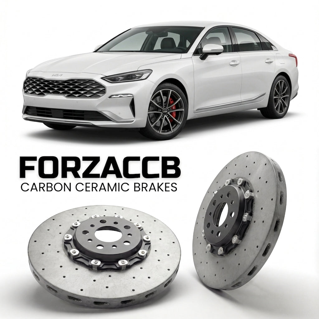 ForzaCCB direct OEM replacement carbon ceramic brake rotors for 2021 and newer Kia K8 models, shown with a white Kia K8 car.
