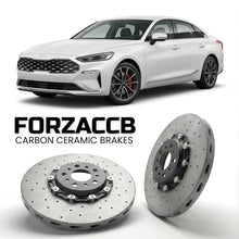 ForzaCCB direct OEM replacement carbon ceramic brake rotors for 2021 and newer Kia K8 models, shown with a white Kia K8 car.