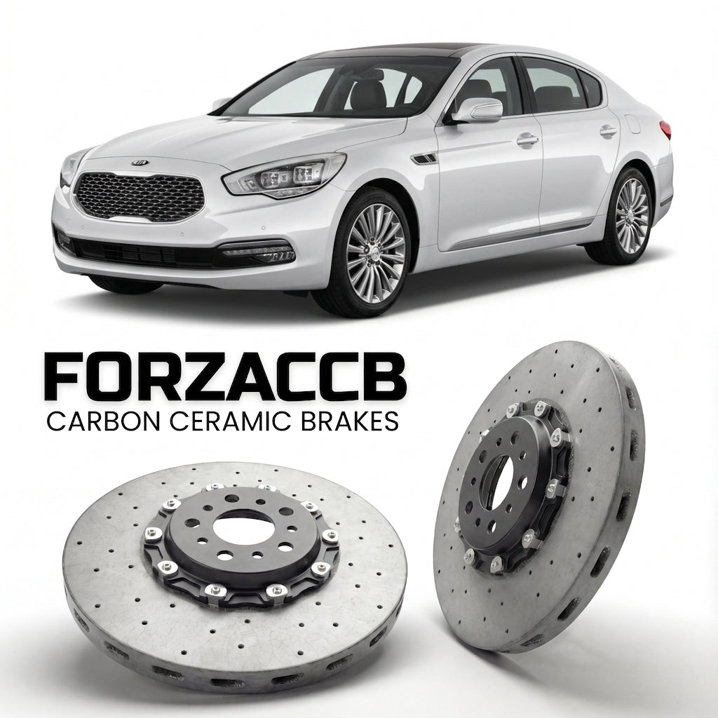 ForzaCCB direct OEM replacement carbon ceramic brake rotors for 2014-2018) Kia K9 I (facelift 2014 models, shown with a white Kia K9 car.
