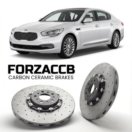 ForzaCCB direct OEM replacement carbon ceramic brake rotors for 2014-2018) Kia K9 I (facelift 2014 models, shown with a white Kia K9 car.