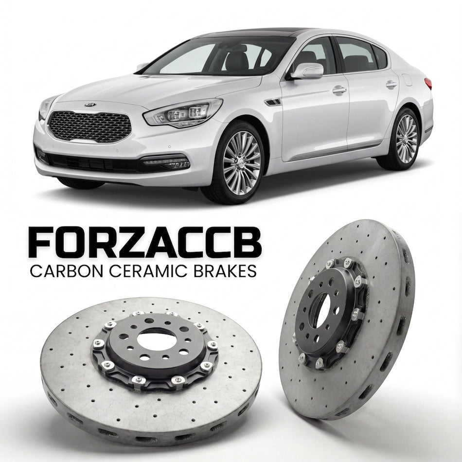 ForzaCCB direct OEM replacement carbon ceramic brake rotors for 2014-2018) Kia K9 I (facelift 2014 models, shown with a white Kia K9 car.