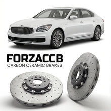 ForzaCCB direct OEM replacement carbon ceramic brake rotors for 2018 to 2021 Kia K9 II models, shown with a white Kia K9 car.