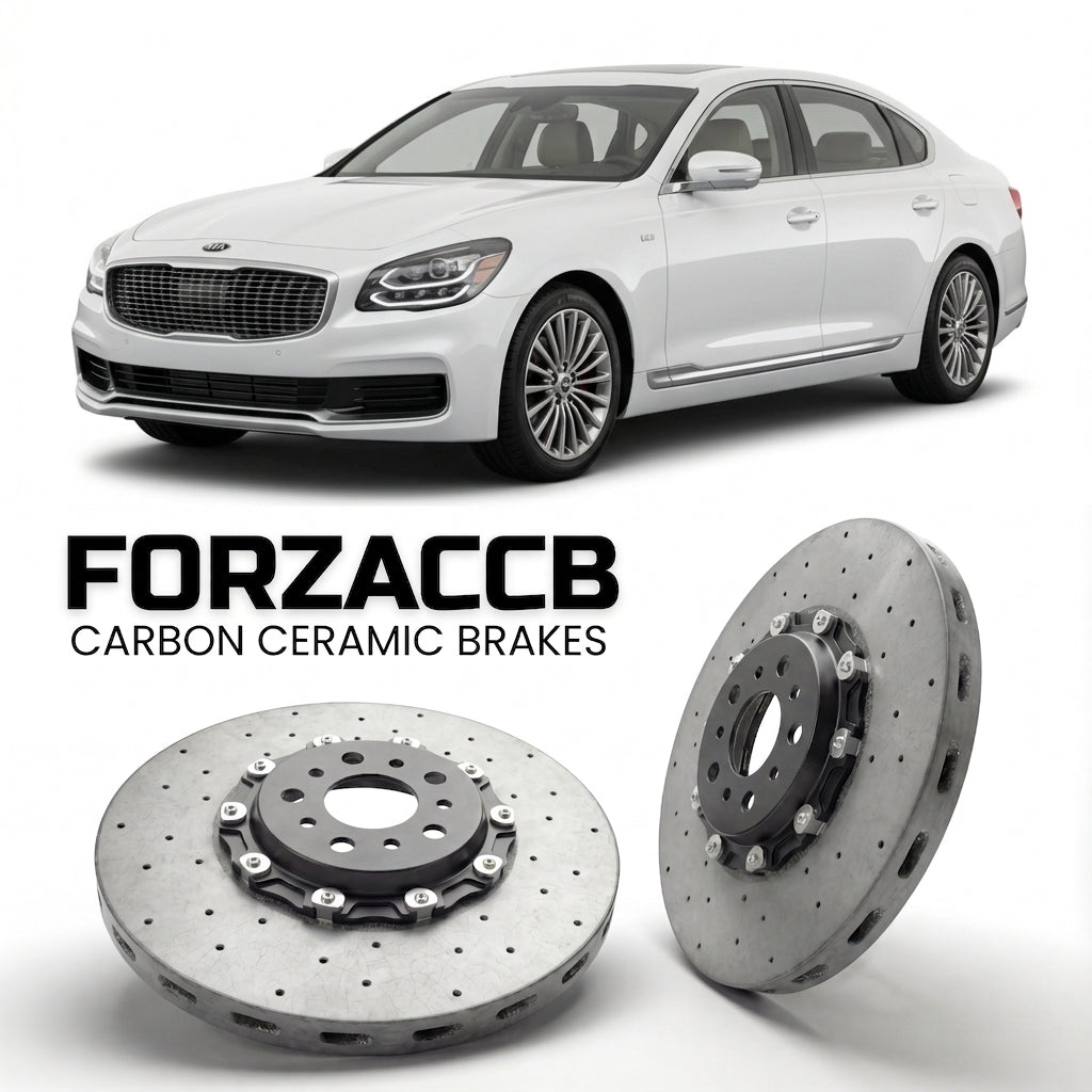 ForzaCCB direct OEM replacement carbon ceramic brake rotors for 2018 to 2021 Kia K9 II models, shown with a white Kia K9 car.