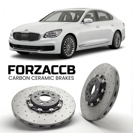 ForzaCCB direct OEM replacement carbon ceramic brake rotors for 2018 to 2021 Kia K9 II models, shown with a white Kia K9 car.