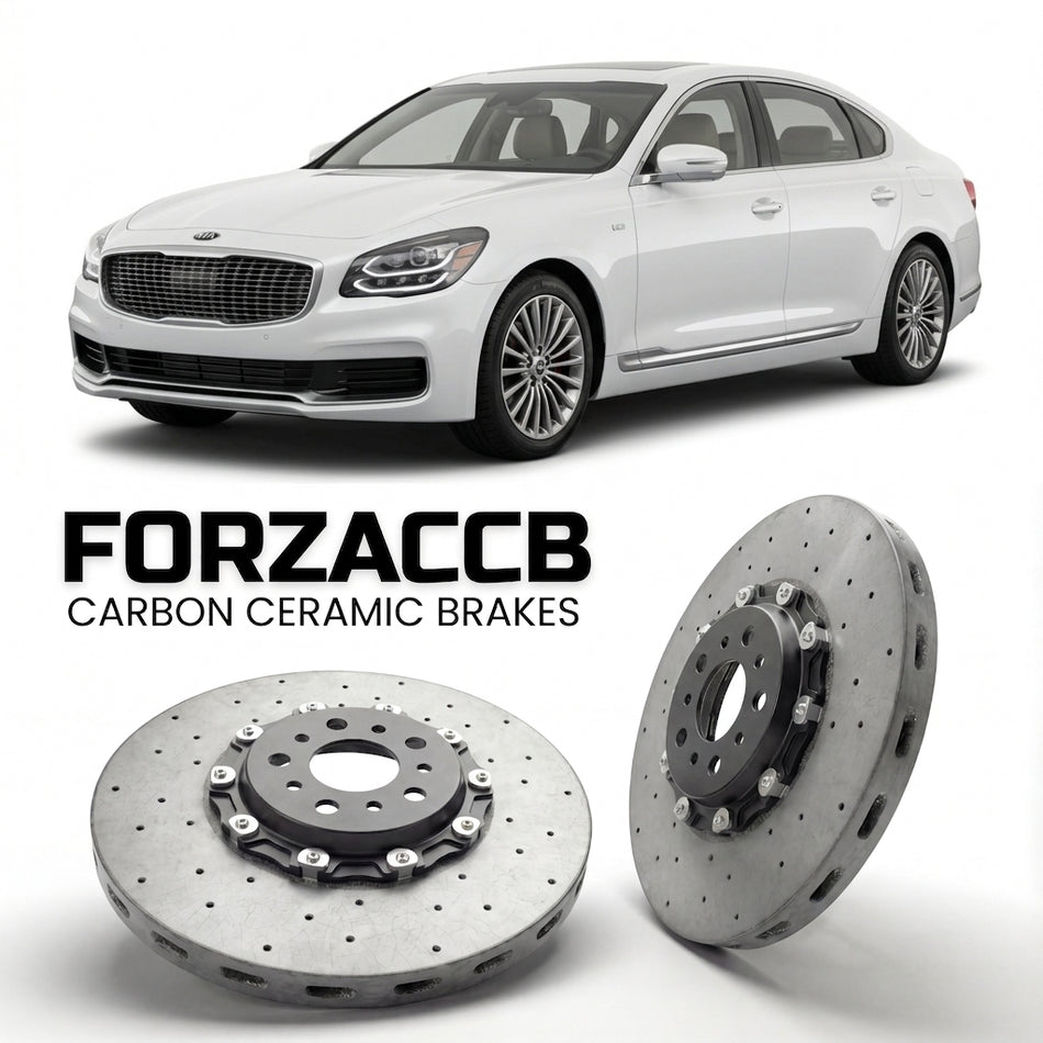 ForzaCCB direct OEM replacement carbon ceramic brake rotors for 2018 to 2021 Kia K9 II models, shown with a white Kia K9 car.