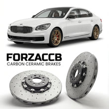 ForzaCCB direct OEM replacement carbon ceramic brake rotors for 2021+) Kia K9 II (facelift 2021 models, shown with a white Kia K9 car.