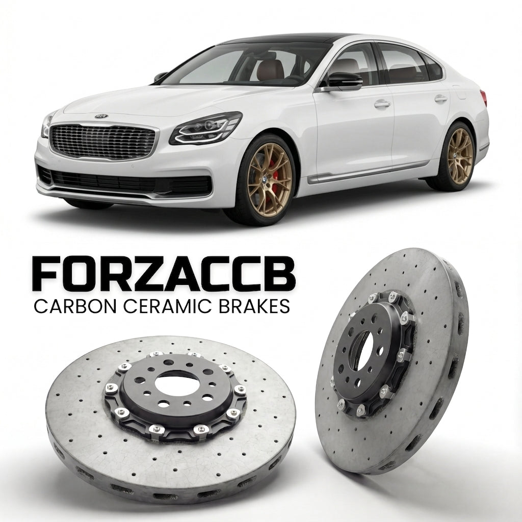 ForzaCCB direct OEM replacement carbon ceramic brake rotors for 2021+) Kia K9 II (facelift 2021 models, shown with a white Kia K9 car.