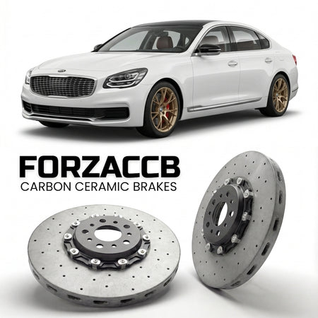 ForzaCCB direct OEM replacement carbon ceramic brake rotors for 2021+) Kia K9 II (facelift 2021 models, shown with a white Kia K9 car.