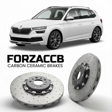 ForzaCCB direct OEM replacement carbon ceramic brake rotors for 2019 and newer Skoda Kamiq NW models, shown with a white Skoda Kamiq car.